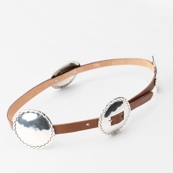 NWT. Zara Brown Leather Belt with Embossed Metal Buckle. Size 32. main image 4